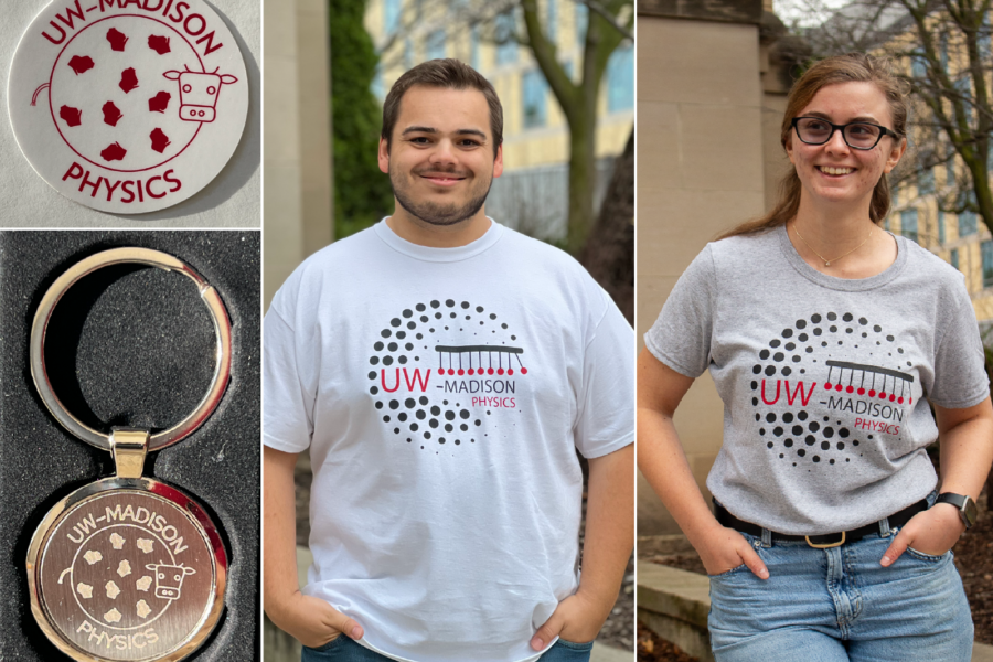 a four-panel image, with the top left showing a red and white sticker, the bottom left showing a satin silver keychain, and the two right panels showing a man and a woman in a white or grey t-shirt, respectively